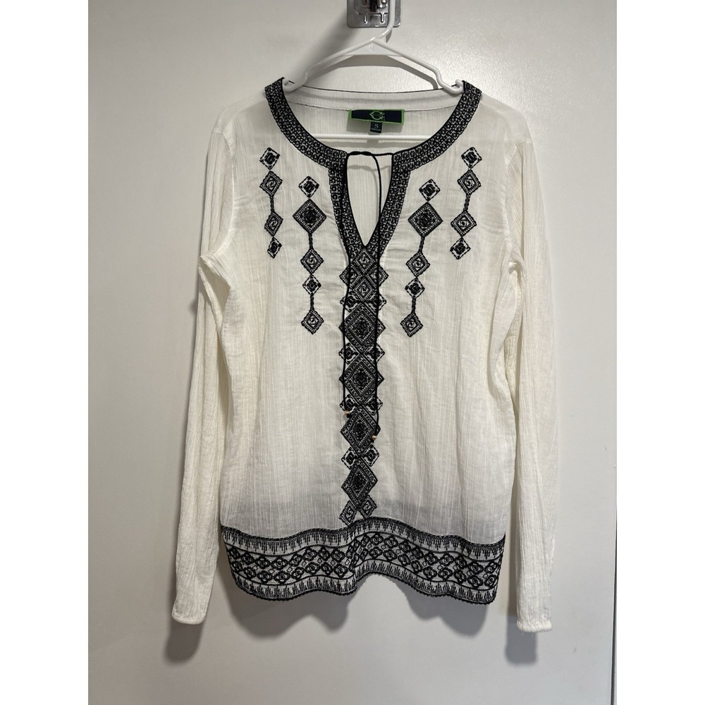 C Wonder Sz: S Boho White Cotton Black Geometric Embroidered Detail Tunic Top